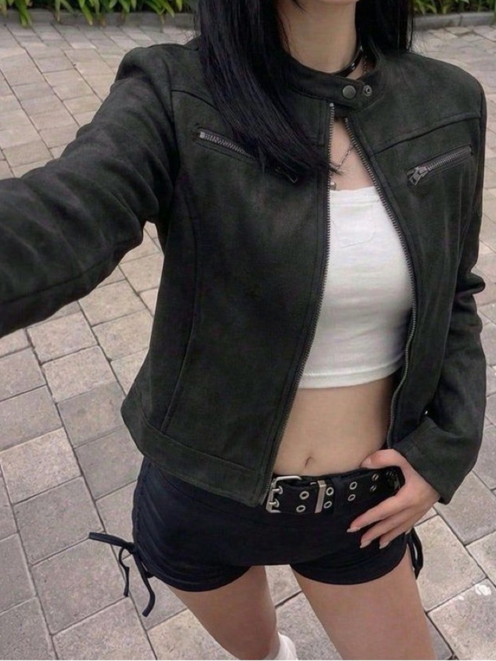 Dalia Collection Vintage Nylon Cotton Moto Jacket ~ black gunmetal
